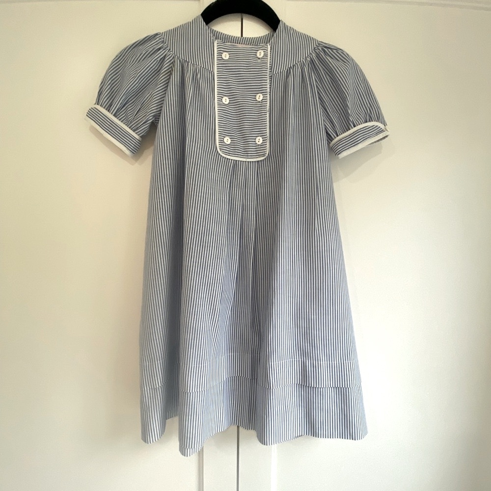 Cary Blue & White Stripe Puff Sleeve Dress With Button & white Trim  Detail